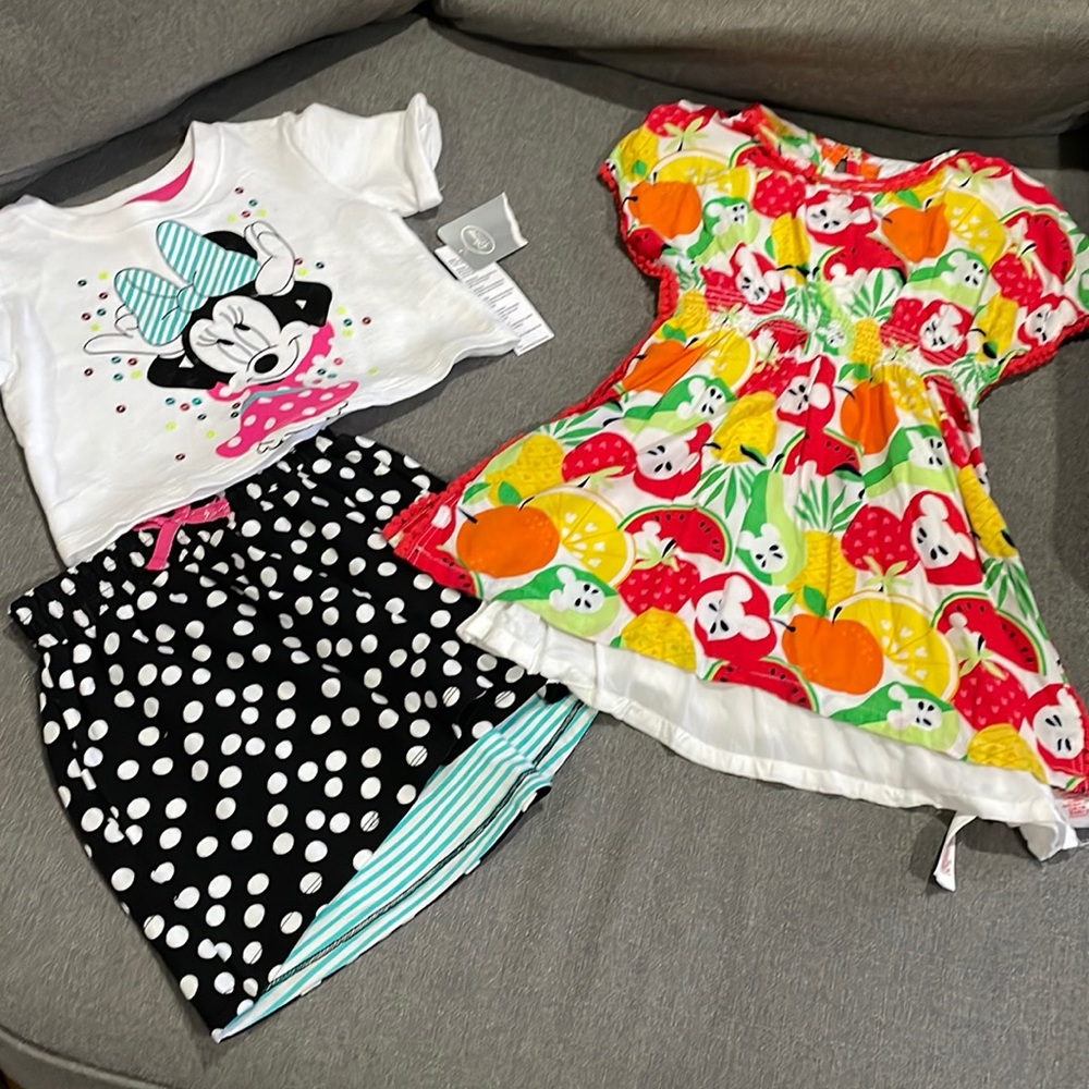 Disney Minnie Mouse skirt set black with white circles & Dress with Apple Orange